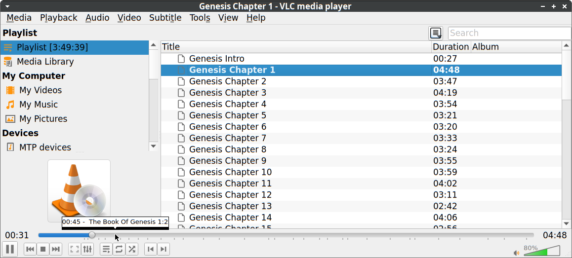 VLC displays verses as chapter markers